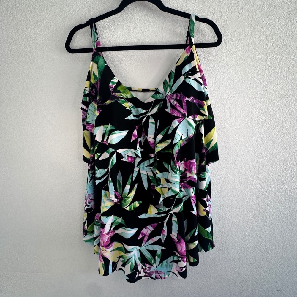 Aqua Green Tropical Floral Ruffle Tankini Top Plus Size 26W Black Purple Green